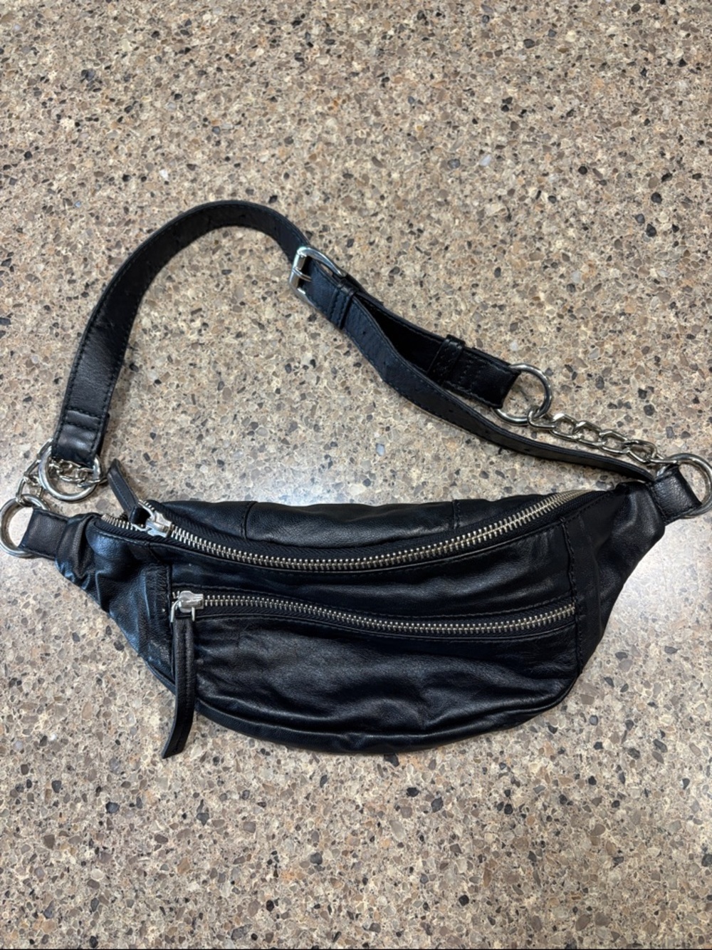 Free People soft Black Leather Waist Bag with Silver Hardware
